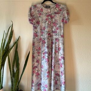 Vintage Floral Button Front Day Dress Large